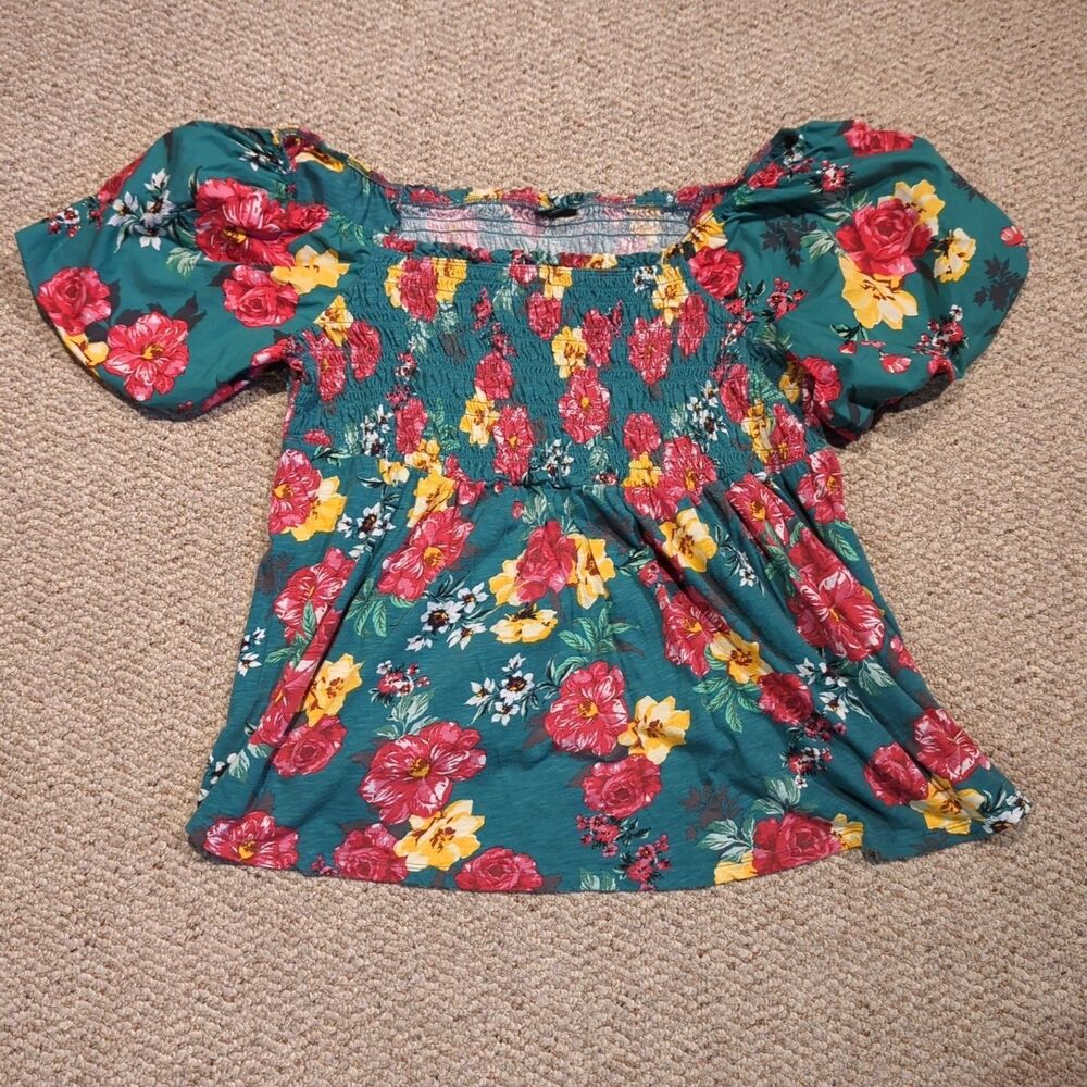 Torrid Milkmaid Top Womens 3 Green Floral Smocked Babydoll Cottagecore Boho